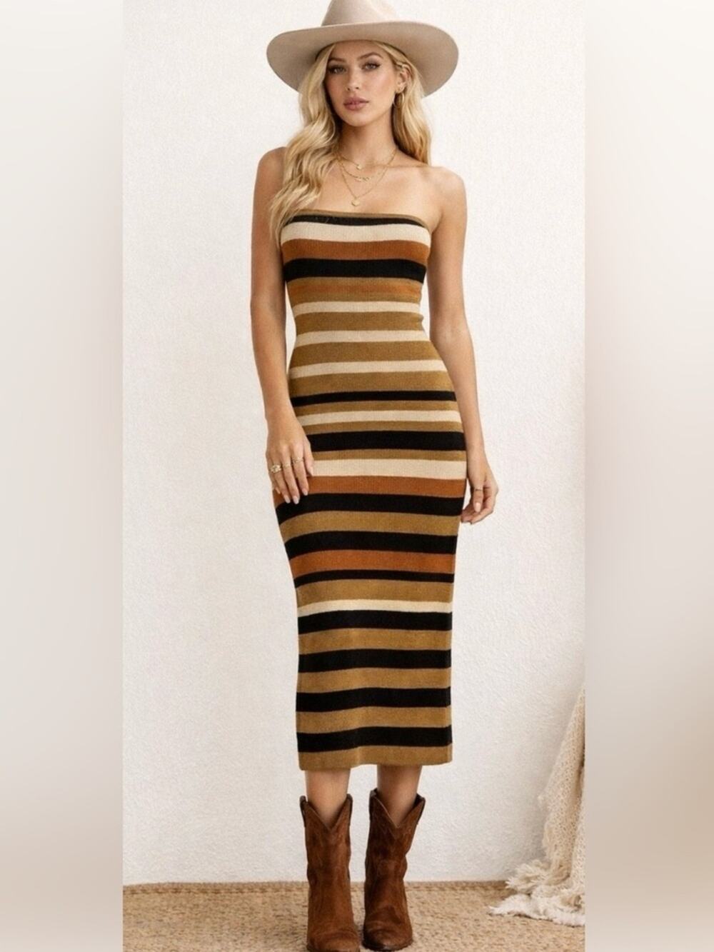 Camila Coelho Striped Strapless Ribbed Knit Midi Dress Small Brown Black Bodycon
